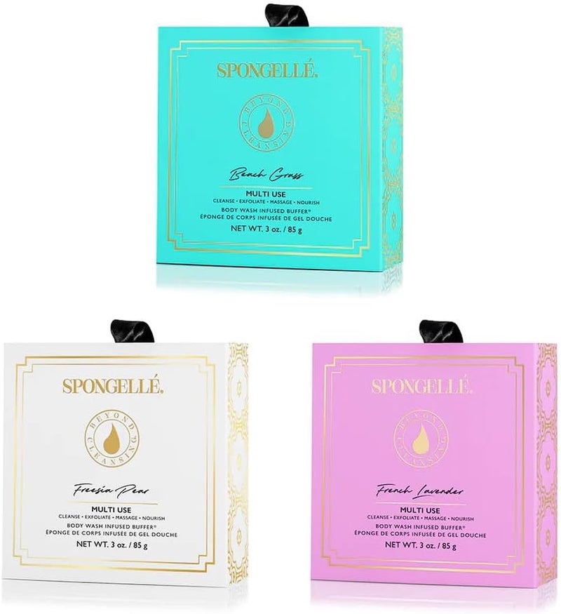 SPONGELLÉ Spongelle Wild Flower Buffer Body Scrubber Bundle with Box | Bath & Shower Loofah for Women | Exfoliator with Body Wash Infused | 14+ uses (Beach Grass, French Lavender, Freesia Pear) - Image 1